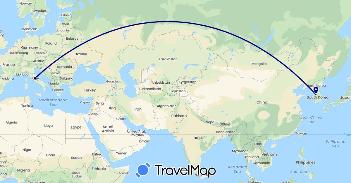 TravelMap itinerary: driving in Italy, South Korea (Asia, Europe)